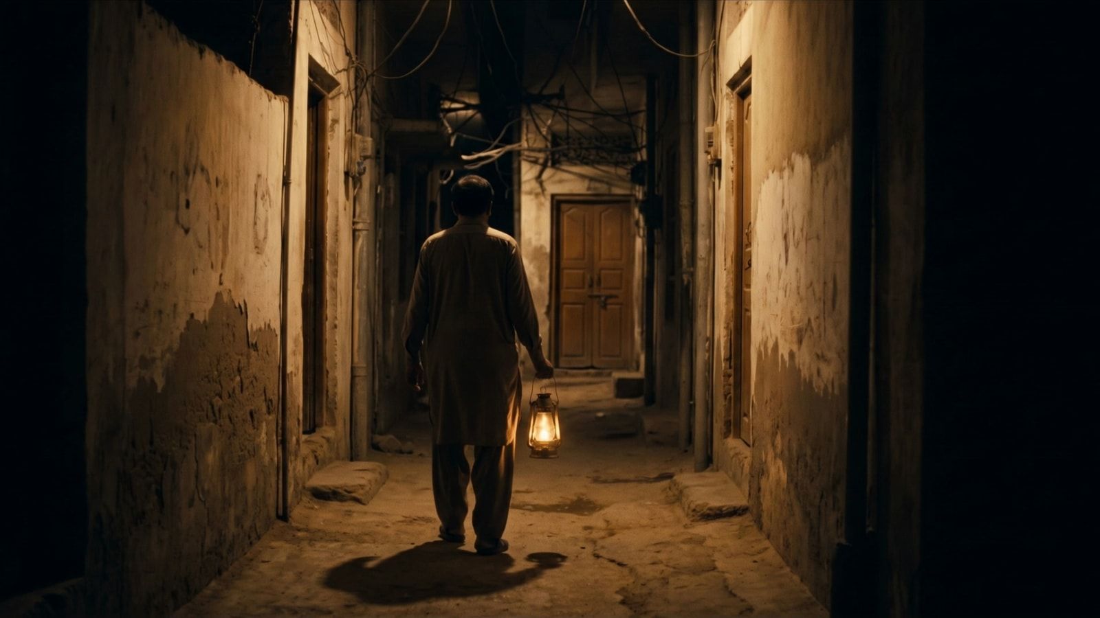 A man seen from behind, carrying a lit oil lantern down a narrow Karachi lane at night towards a closed wooden door.