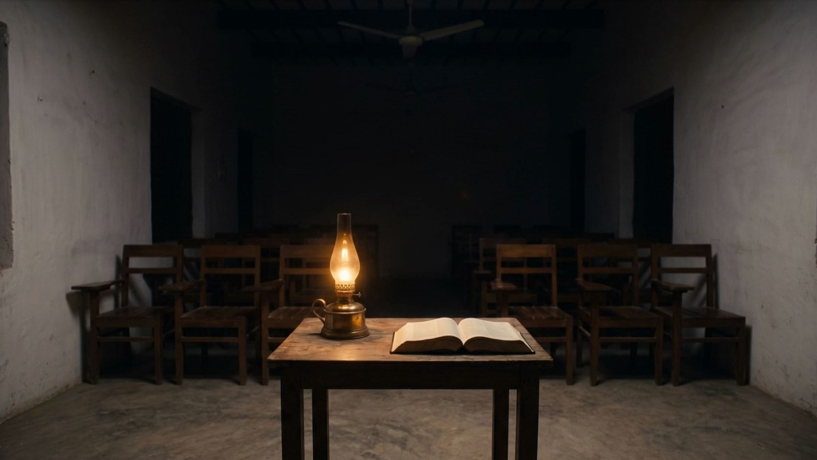 A single oil lamp burning beside an open Bible on a small table, at the front of a dark room of empty wooden chairs.
